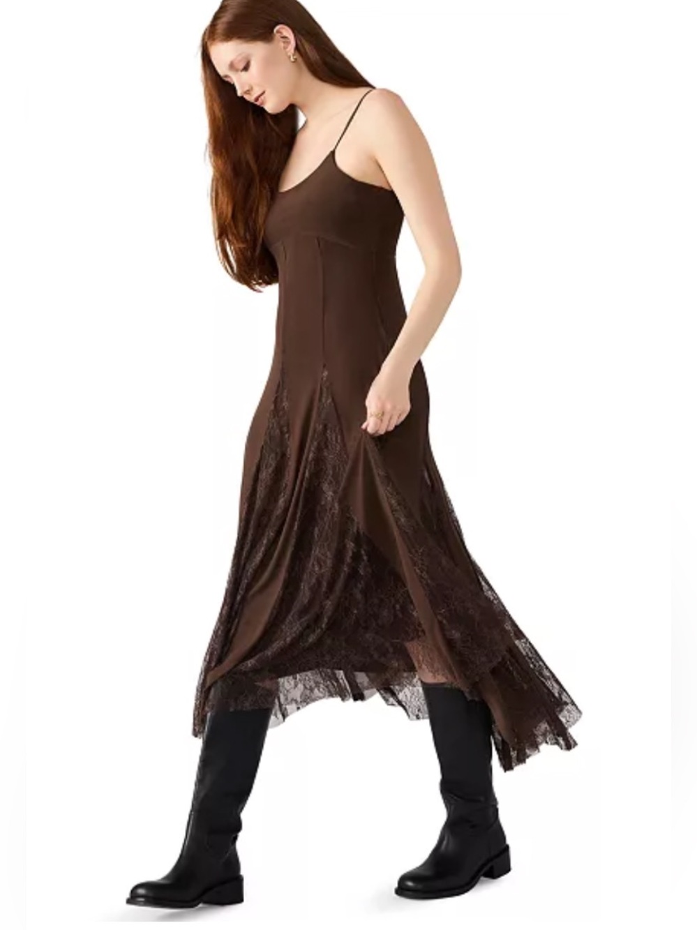 Steve Madden Vita Midi Dress 
Lace-Panel Chocolate Romantic Size M NWT